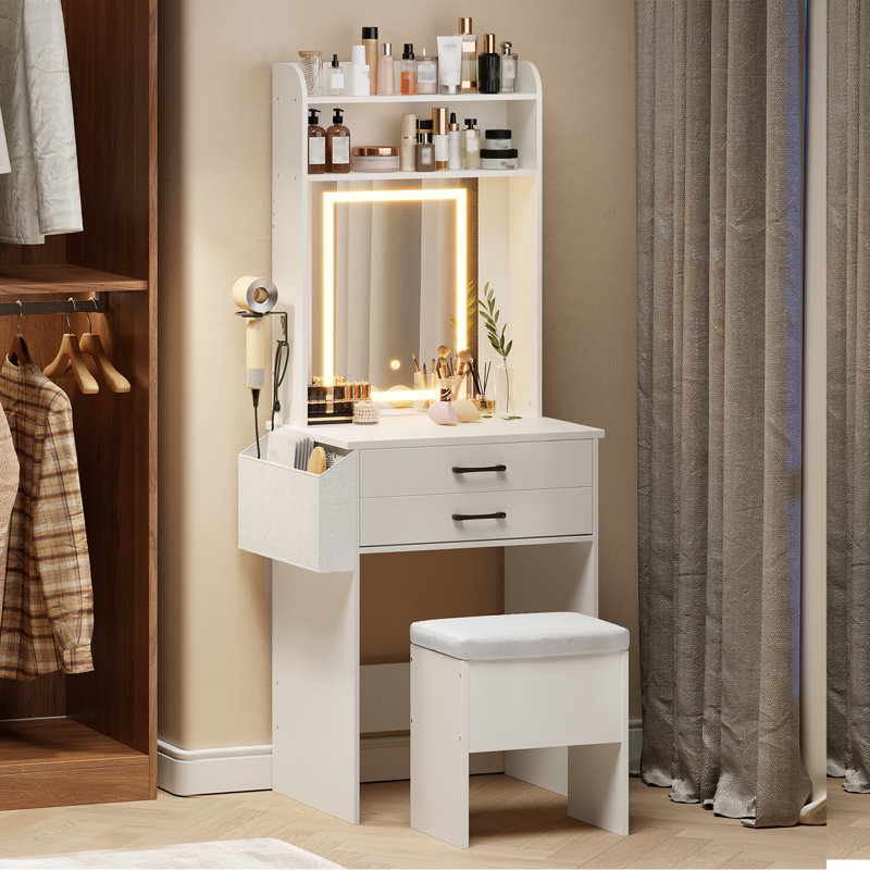 Small Makeup Vanity Desk With Mirror And Lights White Vanity Table Set With Storage Drawers And Storage Stool For Small Space