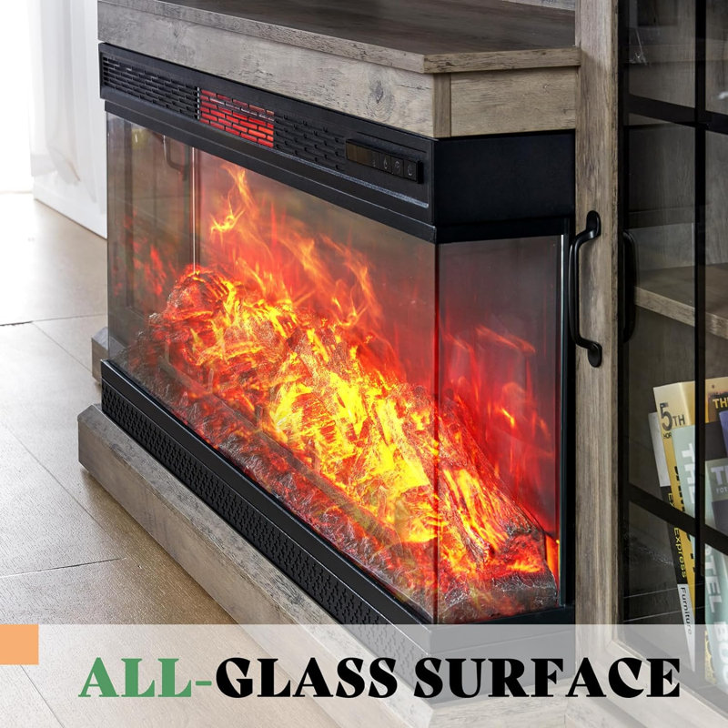 Alvilda 75" 3-Sided Glass Fireplace TV Stand, Wash Gray, Wash Gray, 75"