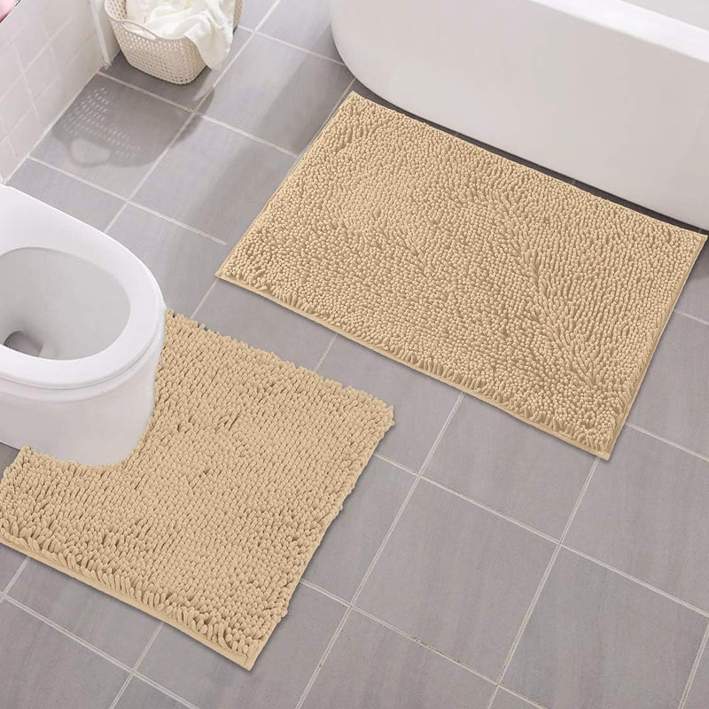Ensemble de 2 tapis de salle de bain en chenille douce et moelleuse en chenille, Beige