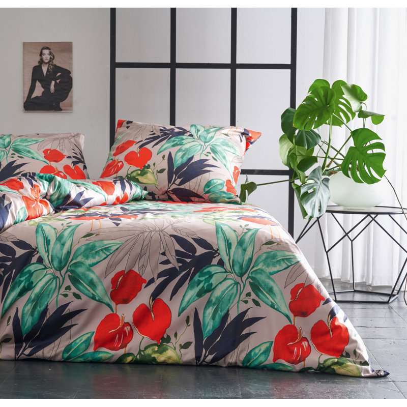 Kinyata Satin Duvet Cover Set, Taupe/Red, 135cm x 200cm