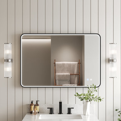 36'' W x 24'' H Smart Anti-Fog Bathroom Mirror with Side Lighting, Tri-Color Dimmable LED & Memory Function, IP44 Waterproof, Black Frame