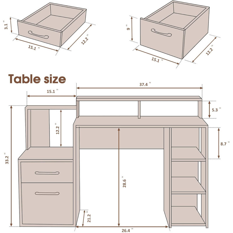 Modern Computer Desk with Storage Drawers and Shelf, Brown/Black