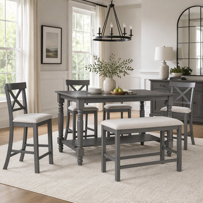 6-Piece Counter Height Dining Table Set Table with Shelf 4 Chairs and Bench for Dining Room (Espresso)