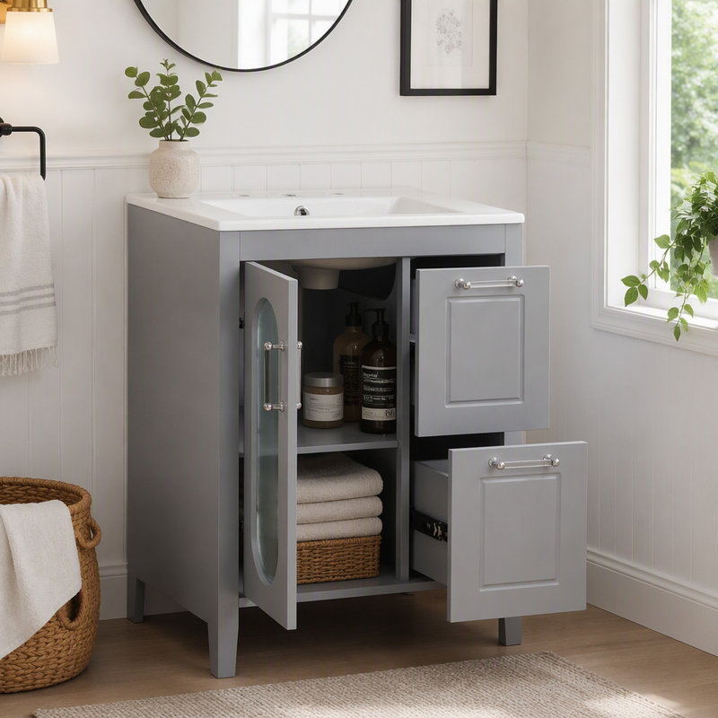 Meuble-lavabo de 61 cm avec lavabo, en bois massif et MDF, avec deux tiroirs, une porte et une tablette ajustable, gris.