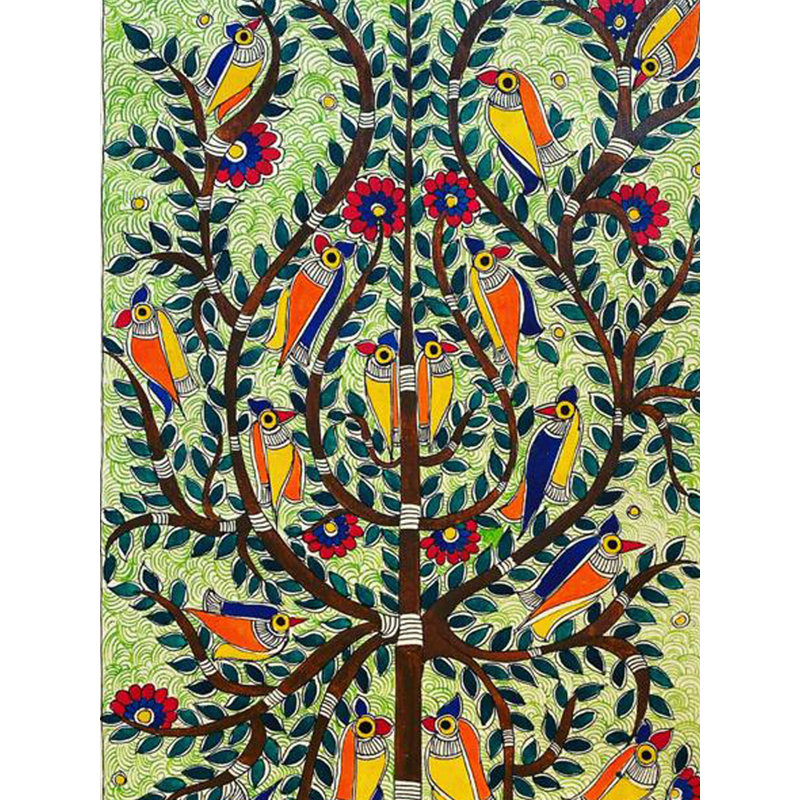 Arbre de vie et poisson Madhubani, peinture | Acrylique sur papier fait à la main | Avec cadre