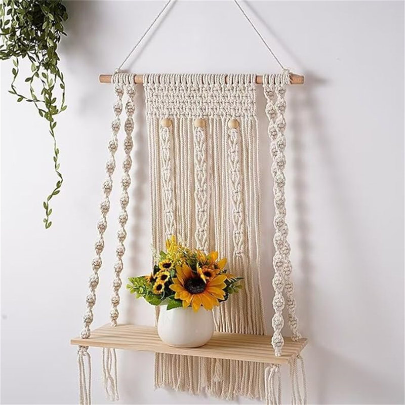 Wall Hanging Shelf 1 Tier Macrame Shelves Handmade Decorative Floating Boho Shelf-Plant Shelf Display Rack To Organize And Decor For Living Room, Bedroom, Bathroom