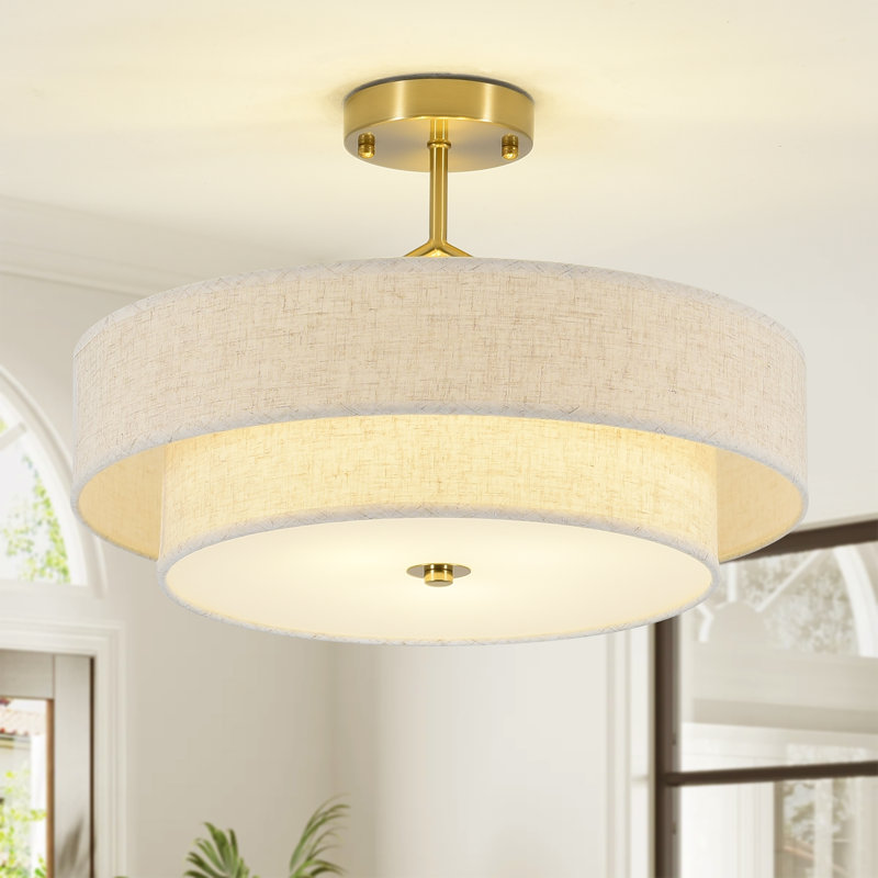 Plafonnier semi-encastré 3 lumières 17,7 po moderne avec abat-jour en tissu, lampe rustique rétro en lin 2 couches pour chambre d'enfant