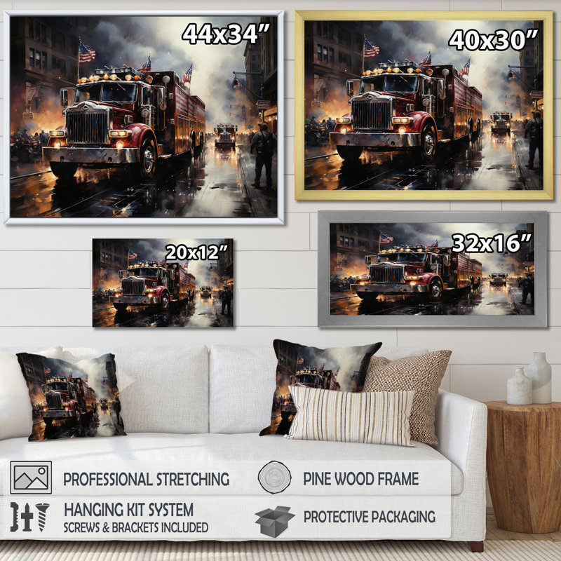 Fire Truck I, reproduction d'art sur toile, Cadre simple noir, H 16 po x l 32 po x P 1 po