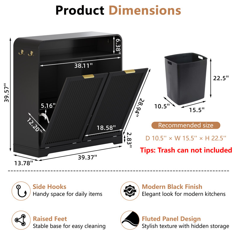 2x13-Gal Curved Tilt-Out Trash Cabinet with Hooks, 2x13-Gal, Black