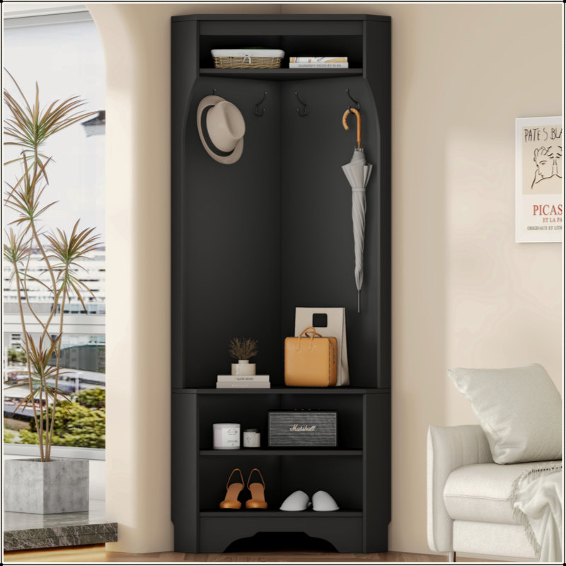 Minimalist Corner Hall Tree With Shoe Bench, Versatile Entryway Coat Rack With 4 Hooks, Corner Cabinet With Adjustable Shelf For Hallway, Living Room