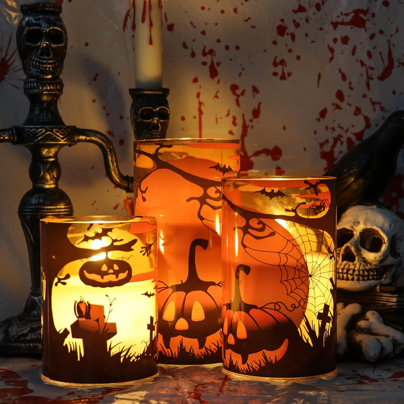 Halloween Flickering Candles With Pumpkin, Spider Web Decals, Orange Glass Battery Operated Flameless LED Candles With Remote, Real Wax Candles Set Of 3 For Horror Spooky Decorations