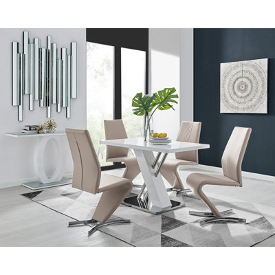 Caba Modern High Gloss and Chrome 4 Seat Dining Table Set with Luxury Faux Leather Dining Chairs