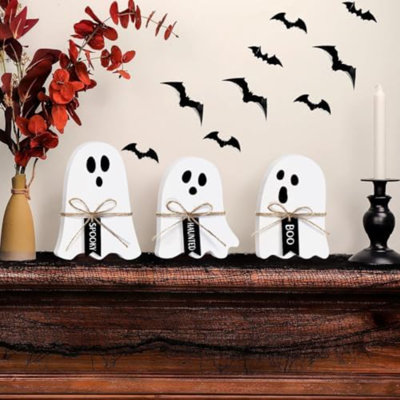 Mignonne décoration de table d'Halloween fantôme en bois, enseignes de table d'Halloween fantôme blanc avec nœuds en corde de jute et étiquettes en bois noires, ensemble de 3 décorations pour la maison