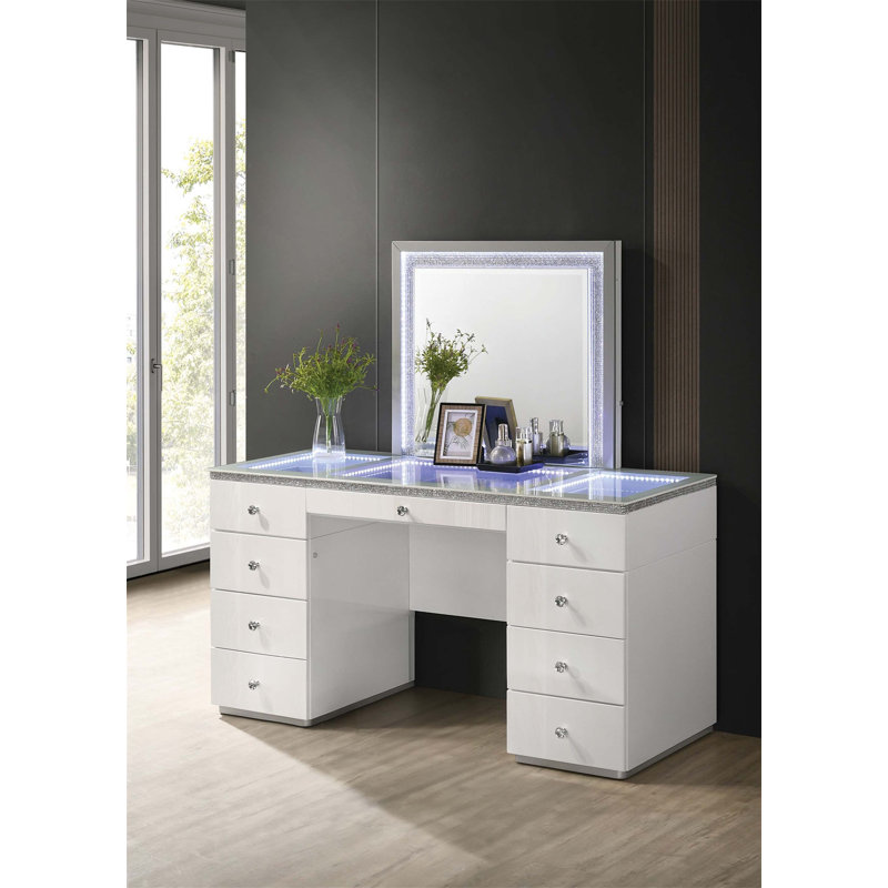 Meuble-lavabo de style contemporain avec comptoir en verre trempé, finition brillante et éclairage DEL pour les chambres à coucher modernes