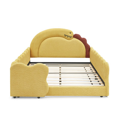 Full Size Dinosaur-Shaped Kids Bed with Safety Guardrail, Solid Wood Bed Frame, Boucle Fabric