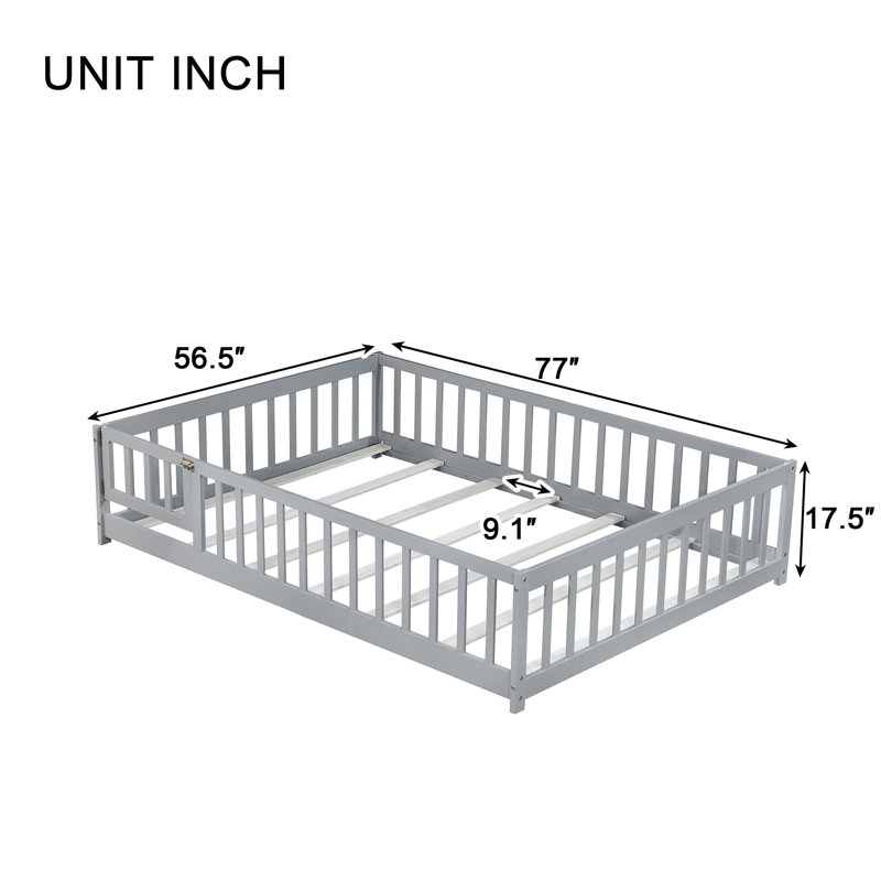 Finka Kids Floor Platforms Bed With Fence and Door, Full, Gray