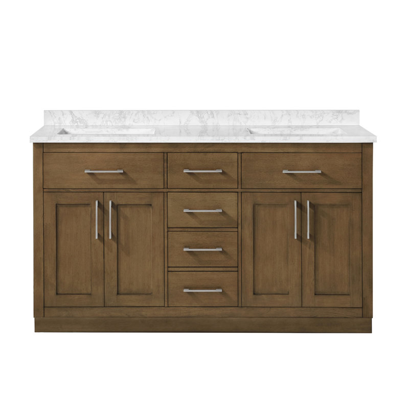 Athea 60 in. Double Sink Freestanding Almond Latte Bathroom Vanity with White Engineered Marble Top, Almond Latte, 60"