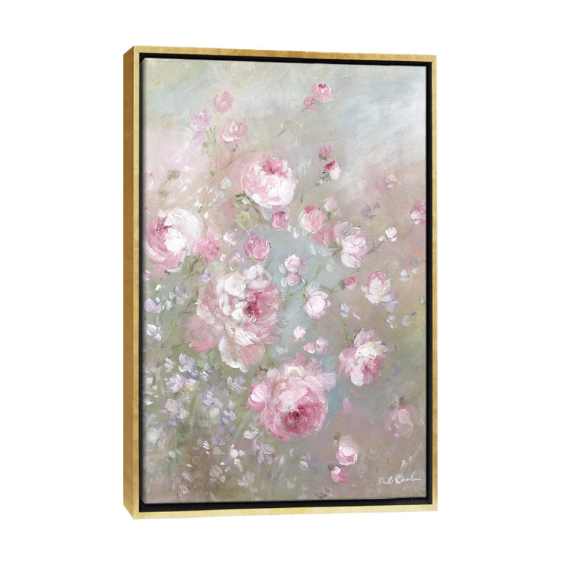 Roses estivales par Debi coules-reproduction d’art, H 26 po x l 18 po x P 1,5 po, Pas de tapis, Toile encadrée d'or