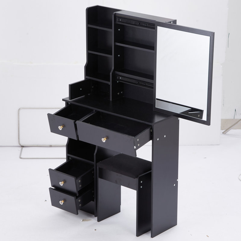 Petit meuble-lavabo 29,2 po avec tabouret de bureau et tabouret, Noir