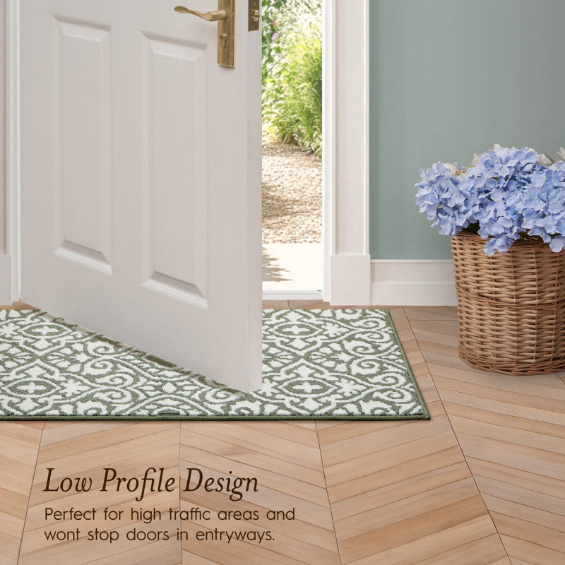 Feya Machine Woven Synthetic Damask Aera Rug in Green/White, Green, Rectangle 2'2" x 3'9"/Runner 2'2" x 5'