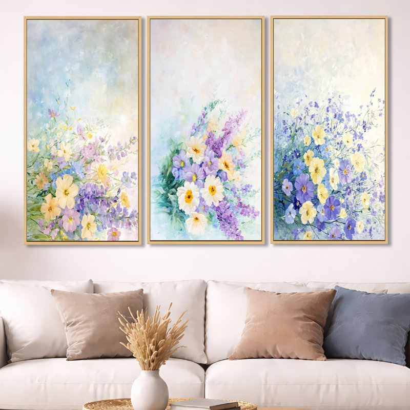 Lavande aux couleurs de fleurs sauvages - Bouquet 3 panneaux d'art mural, Cadre flottant en bois naturel, H 32 po x l 48 po