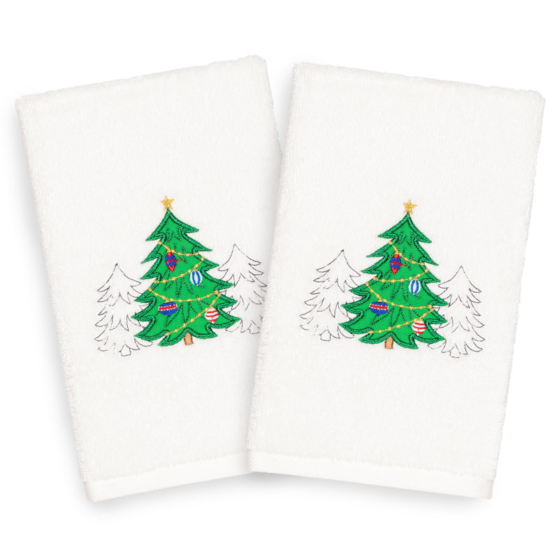 Christmas Three Trees Embroidered Luxury Turkish Cotton Hand Towel, White