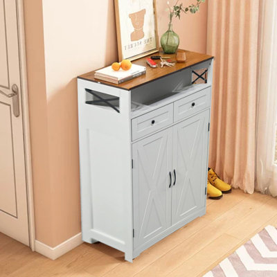 Armoire de rangement pour chaussures Modern Farmhouse, étagère à chaussures étroite avec tiroirs et tablettes réglables, brun blanc
