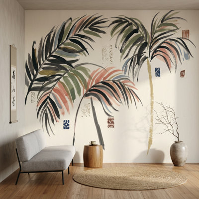 Tropical Palm Wallpaper Botanical Leaves Cream Background Wall Mural
