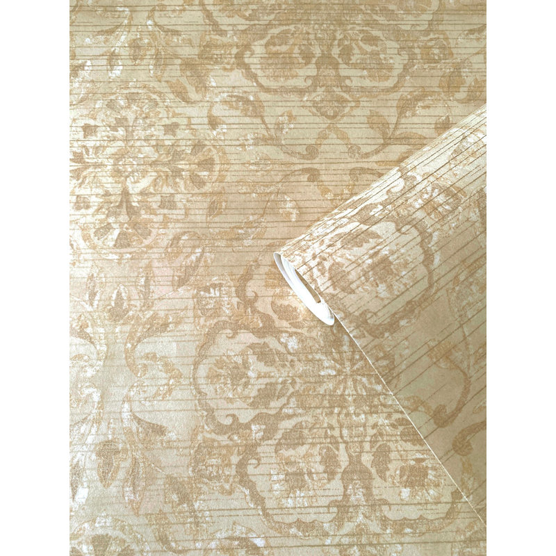 Elegance Collection Floral Stripe Shimmer Finish Wallpaper Roll, Beige
