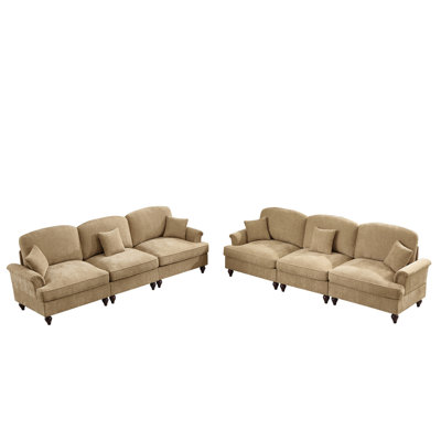 Classic Sleeper Sofa Couch With Flared Arms And Removable Ruffles Pleats Skirts And Spindle Legs, Comfy Modular Sectional Chenille Deep Seat Cloud Sofa Couch With 3 Movable Ottomans, Light Coffee