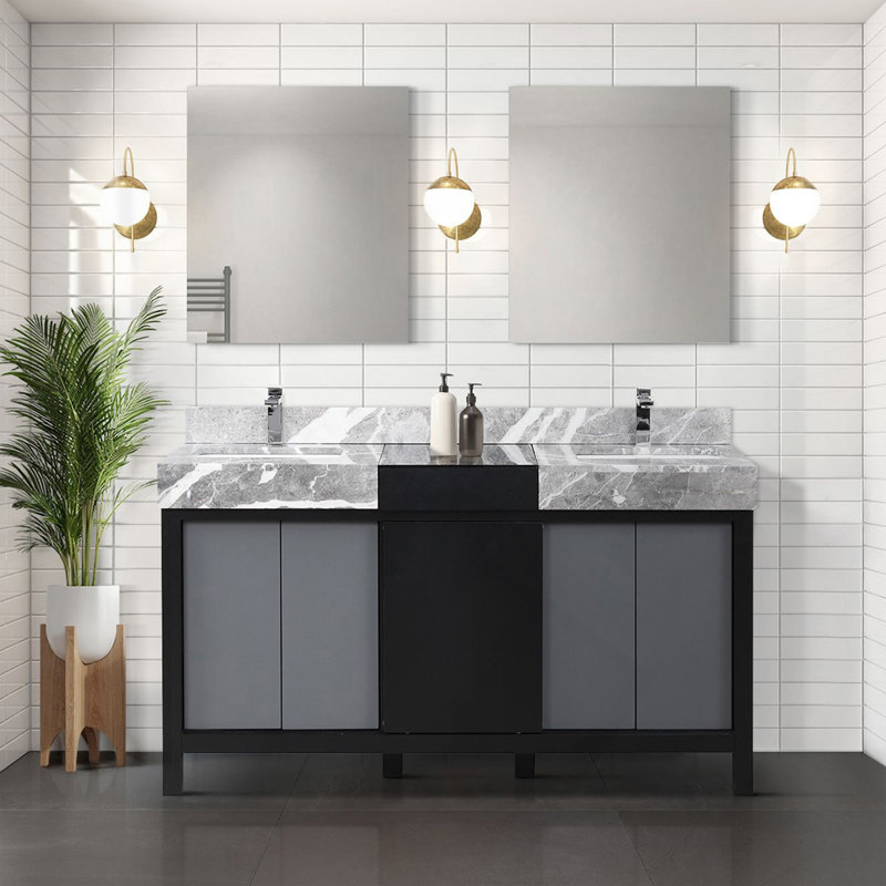 Meuble-lavabo double noir et gris 60 po X P 22 po D, ensemble de dessus en marbre gris et robinet chromé