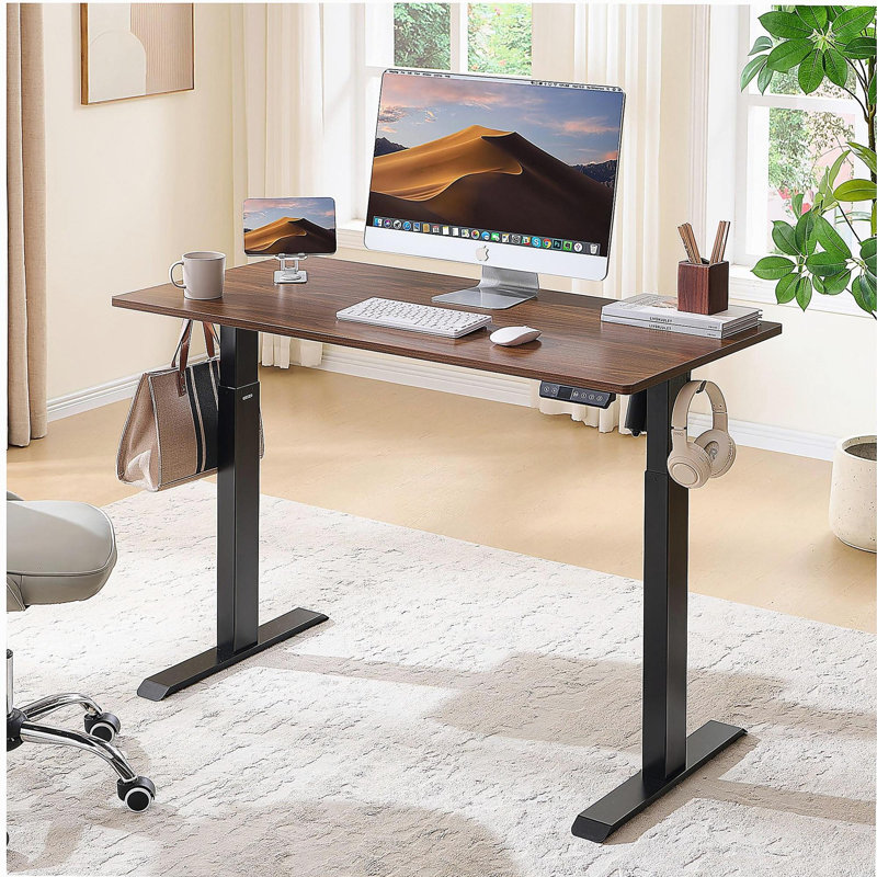 Bureau électrique debout, bureau à hauteur ajustable, bureau assis-debout 24 po x 48 po, structure noire / plateau en acajou