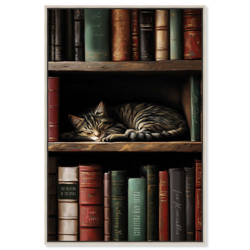 Napping Cat Bookcase Framed Canvas Print Dorm Wall Decor by Art Remedy, Black Frame, 10 x 15, 31"H x 21"W, Silver Frame