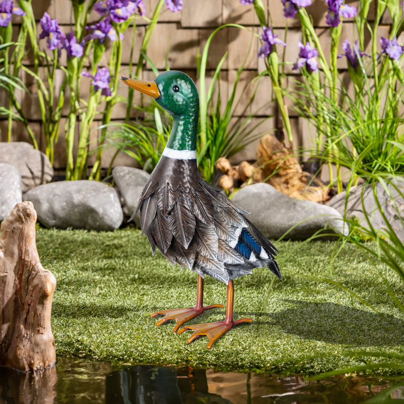 Statue de jardin en métal Mallard Duck Look Up, 16 po
