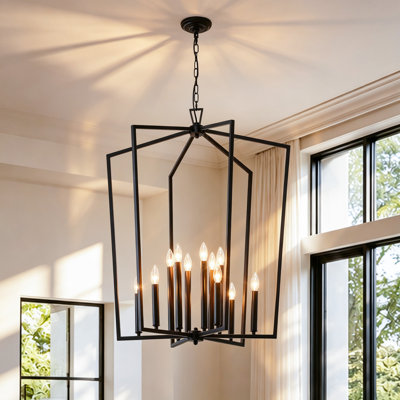 12-Light Black Geometric Cage Lantern Chandelier, Farmhouse Open Frame Rectangular Pendant Light with Adjustable Chain