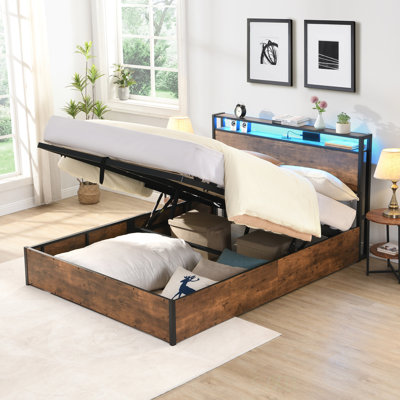 Base de lit de rangement relevable avec tête de lit bibliothèque, lumières DEL et station de charge, plateforme en bois pleine grandeur, aucun sommier nécessaire