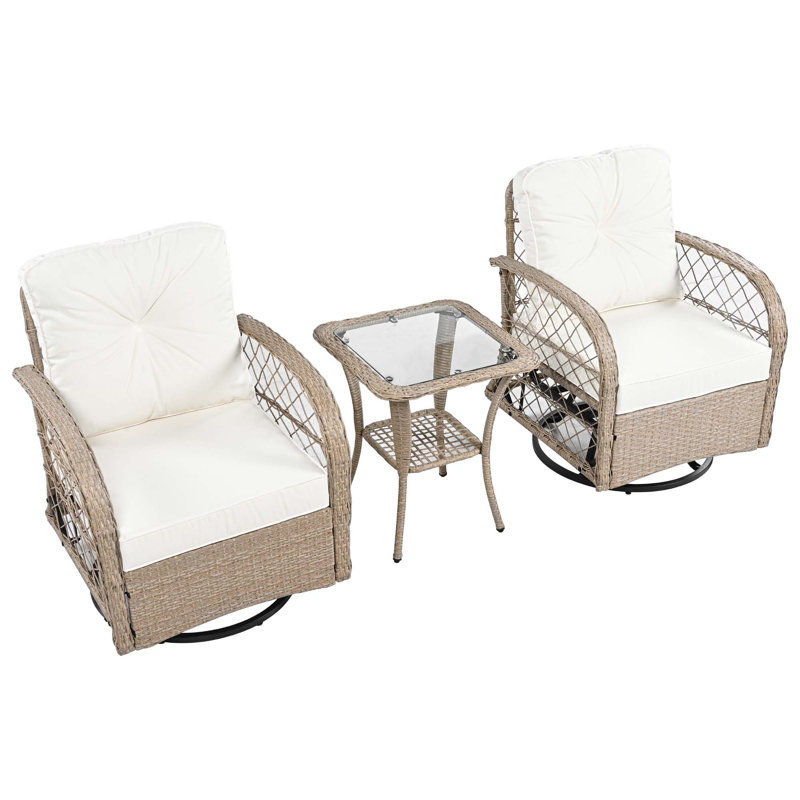Ensemble de conversation en rotin 3 pièces avec 2 chaises pivotantes et 1 table carrée, Naturel