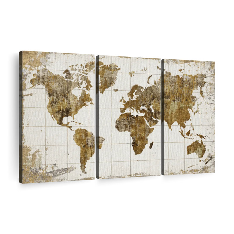 Ensemble de 3 pièces de carte du monde grunge sur toile, H 32 po x l 50 po x P 1,25 po