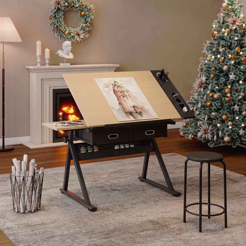 Adjustable Drawing Drafting Table Desk With 2 Drawers For Home Office And School With Stool, Érable