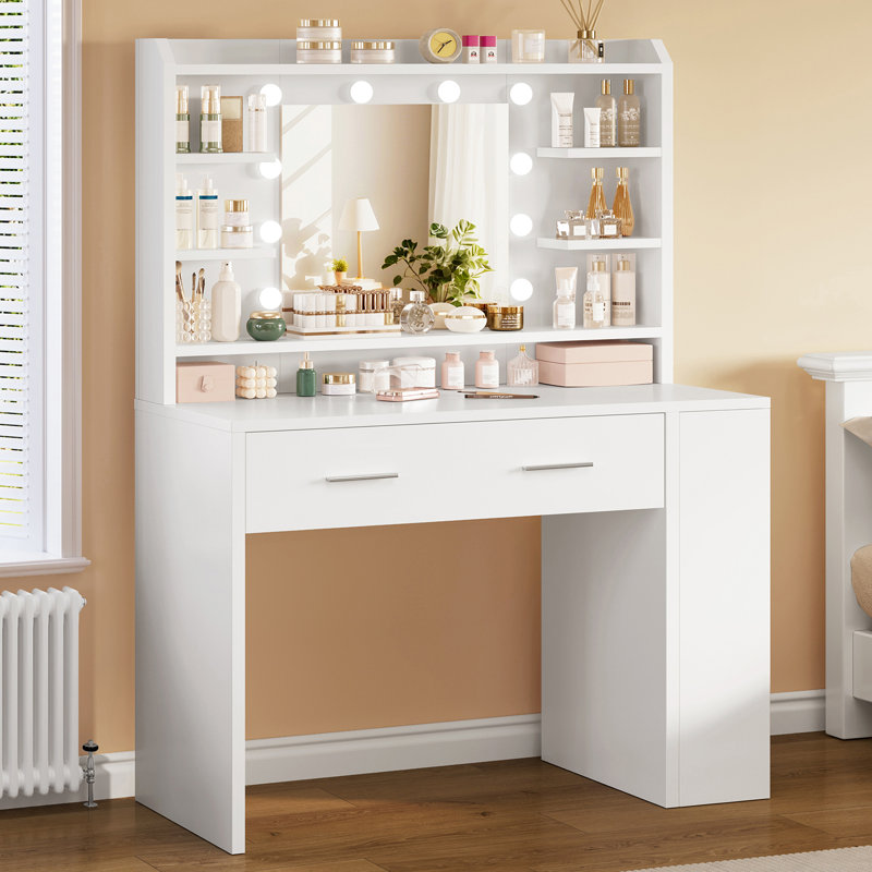Petit bureau de meuble-lavabo avec 2 tiroirs et compartiments latéraux, petit meuble-lavabo de maquillage avec 3 modes de couleur et tablettes de rangement ouvertes à luminosité réglable, coiffeuse pour chambre à coucher, blanc