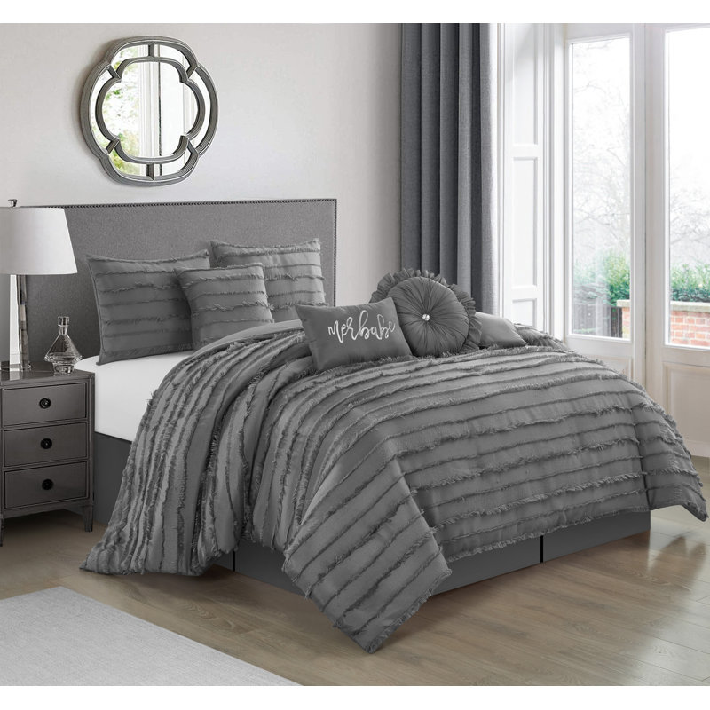 Merbabe 7 Piece Boho Chic Comforter Set, King Comforter + 6 Additional Pieces, Gray