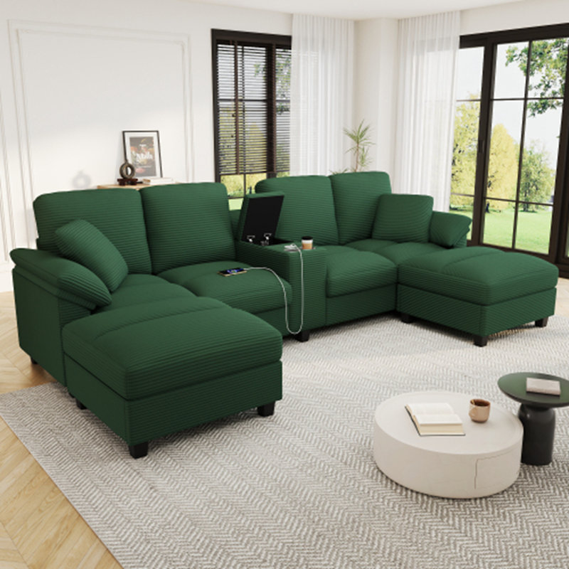 Canapé modulaire en U avec repose-pieds, porte-gobelets et ports USB, Velours côtelé vert