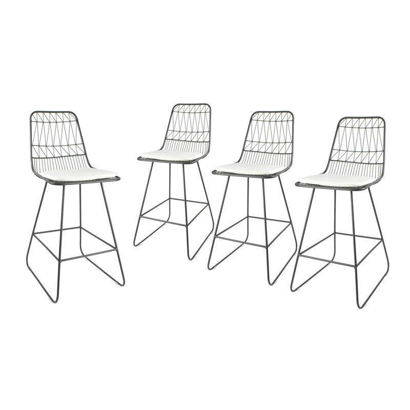 Gray Iron Outdoor Counter Stools with Off-White Cushions, Set of 4