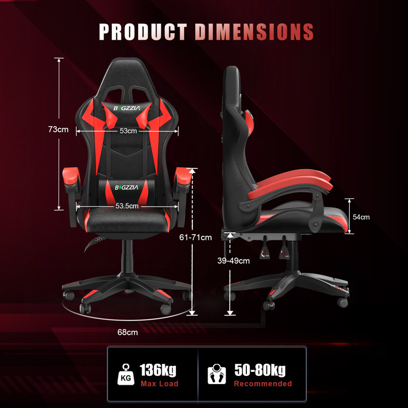 Reclining Gaming Chair with LED Lights and Headrest, Black/Red