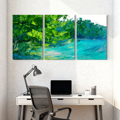 Scenic & Cityscapes Green Trees Reflect In Turquoise Water Set of 3 Canvas Wall Art Prints