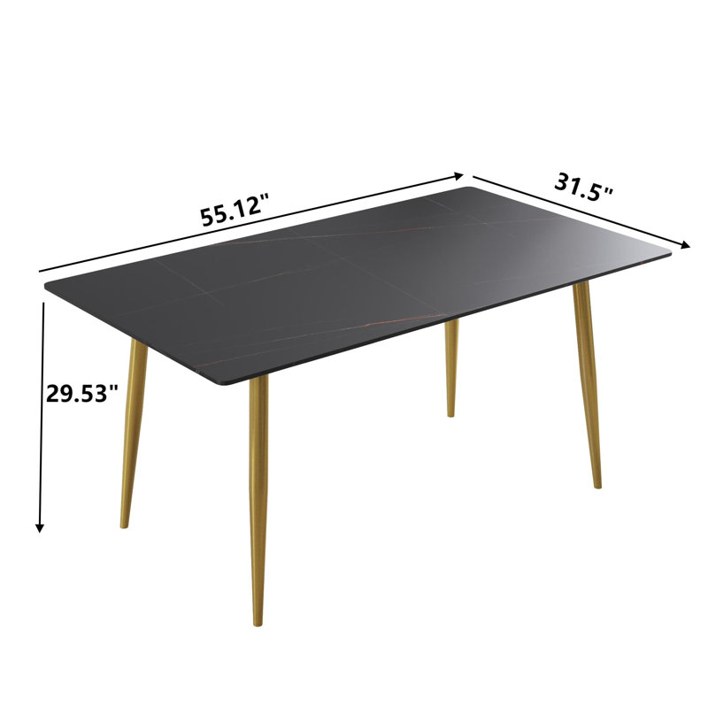 Table de salle à manger moderne à 4 pieds avec plateau en pierre frittée, Noir et or