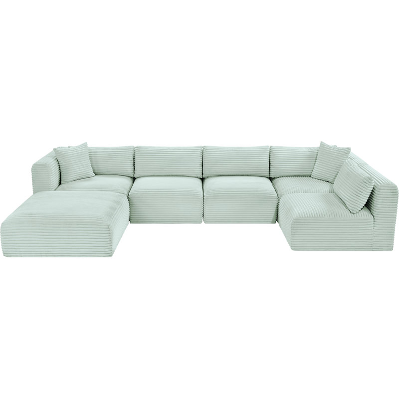 Canapé modulaire Carmean, Velours côtelé texturé velours menthe, 3 sans accoudoirs, 2 en coin, 1 repose-pieds