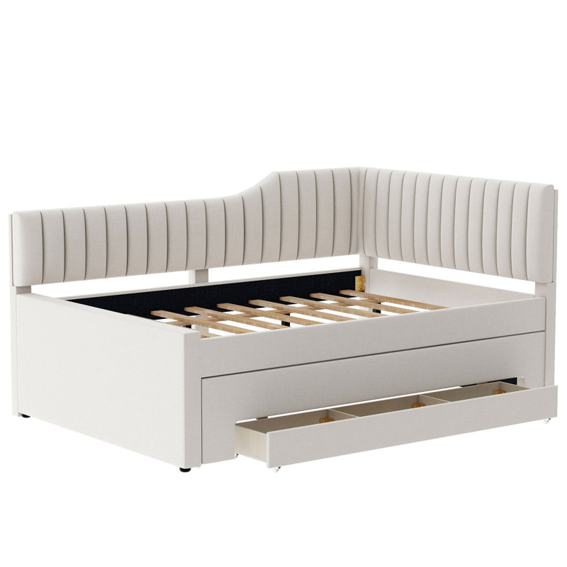 Lit de jour rembourré avec couchette et garniture cloutée, Double, Beige