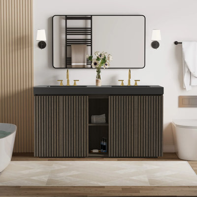 Meuble-lavabo double moderne de 152 cm (60 po) de style médiéval en chêne fumé avec lavabo et grand espace de rangement, meuble-lavabo autoportant