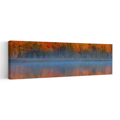 Misty Autumn Lake Reflection Colorful Peaceful Serene Autumn Forest, art mural